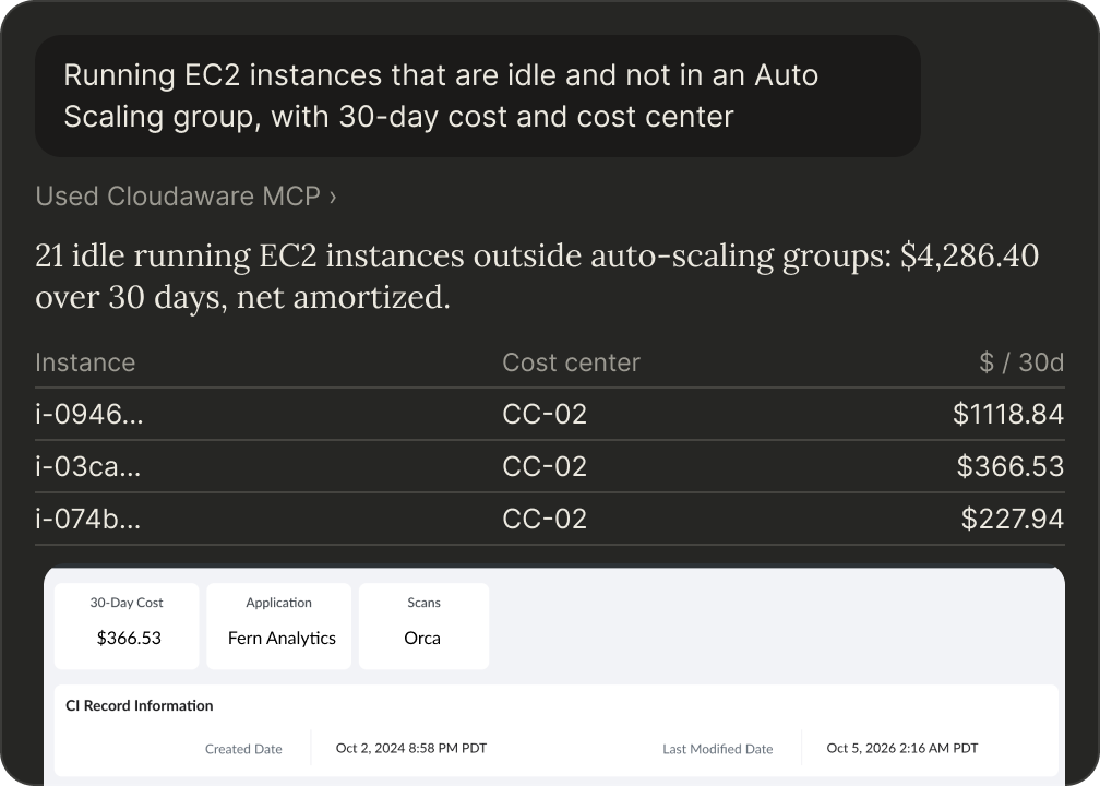 Claude lists idle running EC2 instances outside Auto Scaling groups with cost center and 30-day cost, above the Cloudaware record of one instance.